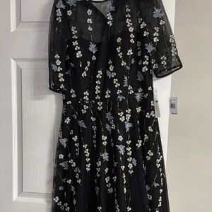 Teri Jon Elegant Black Dress with Blue and White Floral Accents